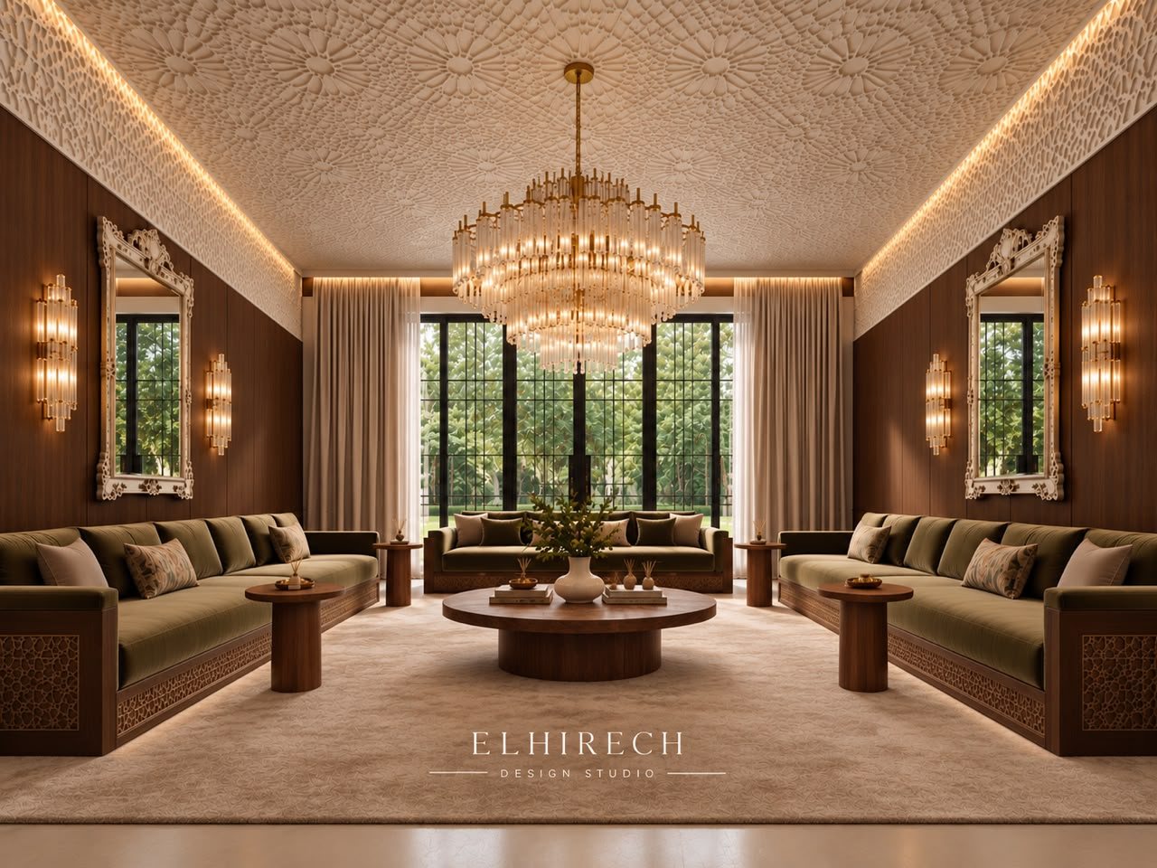 Salon : plafond en staff ciselé, lustre en cristal et canapés vert olive